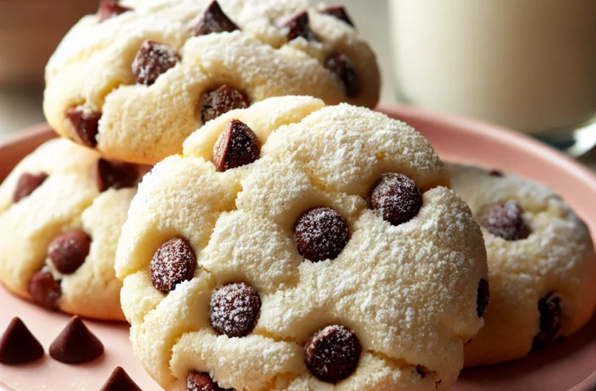 Close-up of Keebler Danish Wedding Cookies with powdered sugar and chocolate chips on a pink plate, with a glass of milk in the background