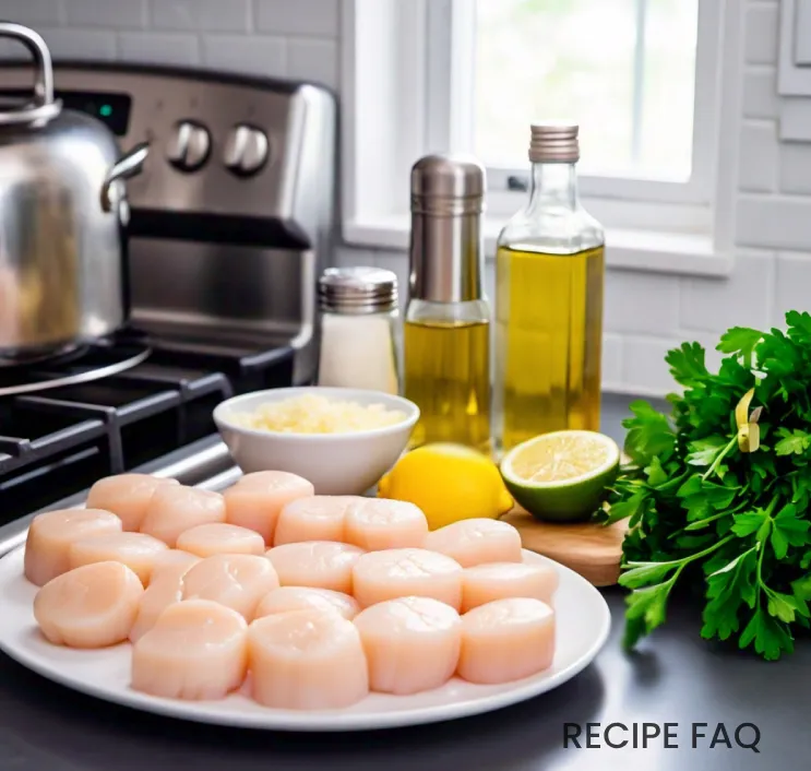 Fresh scallops, minced garlic, lemon, olive oil, salt, and fresh parsley arranged on a kitchen countertop.