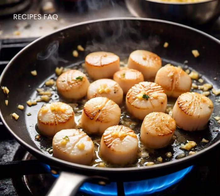 Scallops being pan-seared in olive oil with minced garlic and lemon juice in a stainless steel skillet